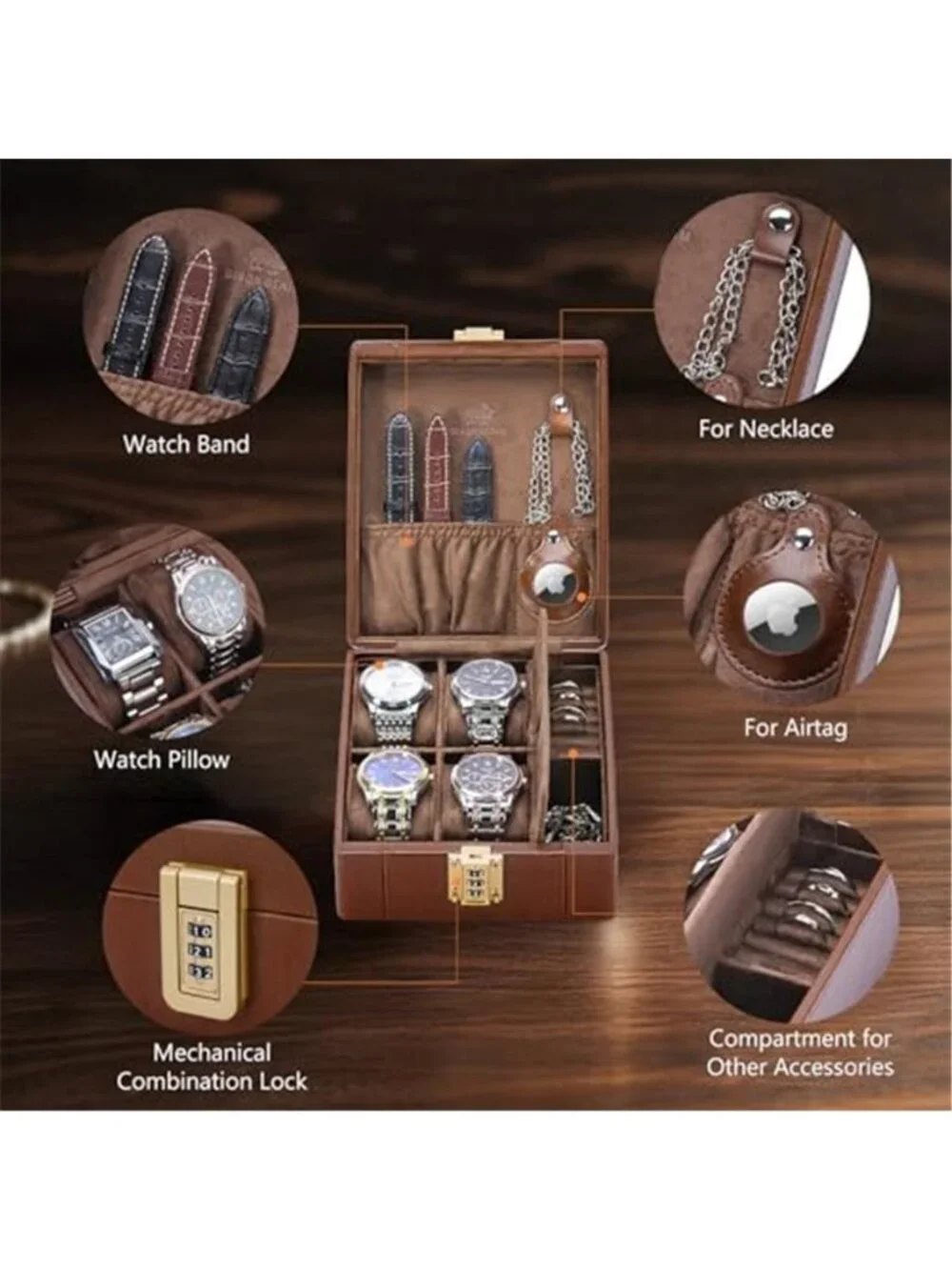 Watch Box, 4 Watch Travel Case with Combination Lock - PU Leather